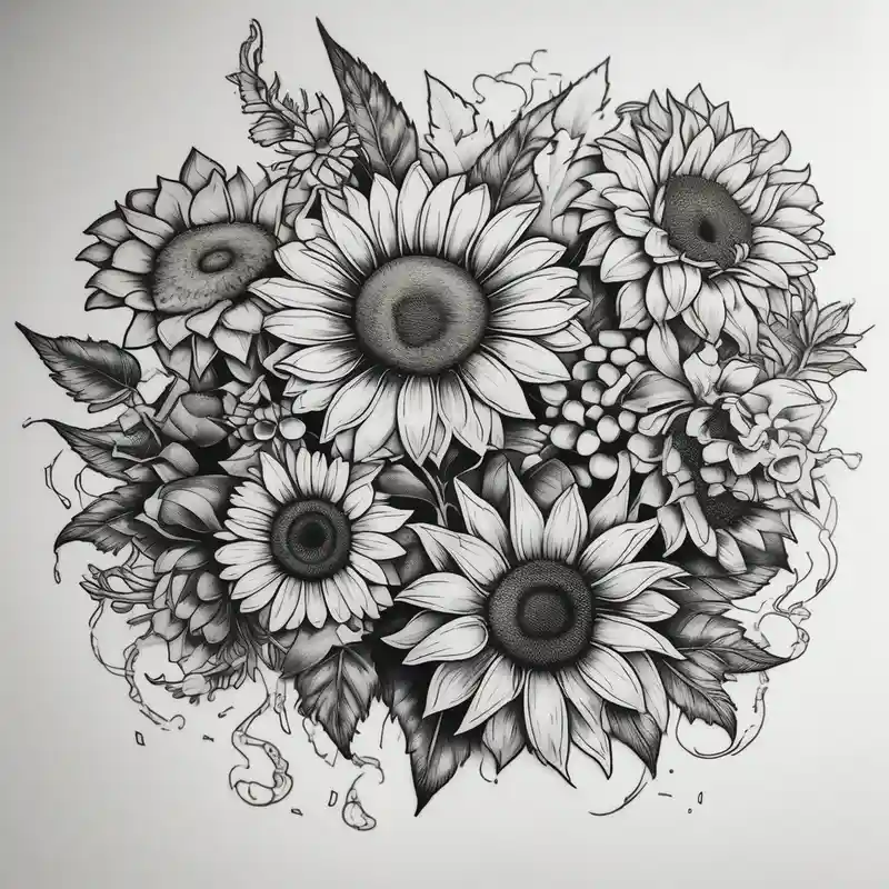 7 leaf pot leaf, daisies, and sunflowers bouquet – Blackwork, Couleurs vives