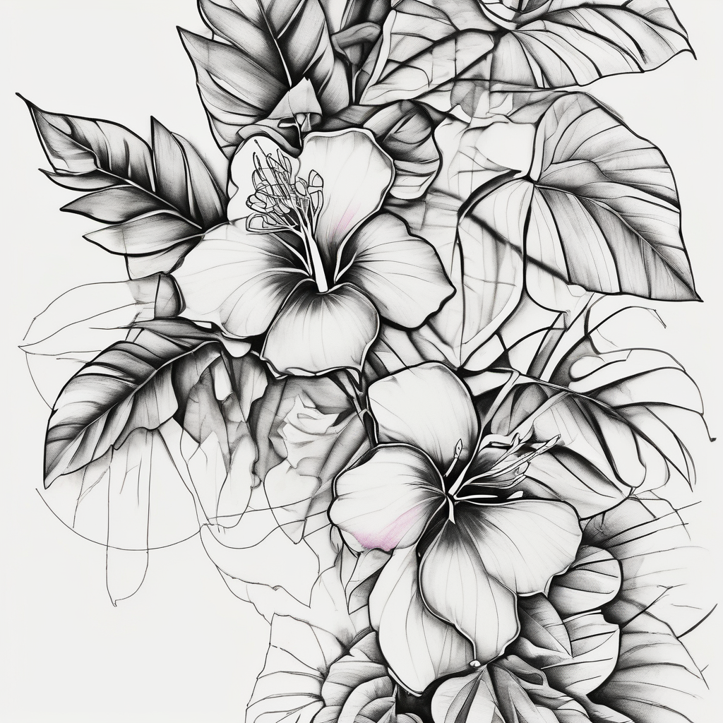bamboo branch, monsteria leaf, bouganvillea maple-leaf, diseño de tatuaje Japonés generado con IA