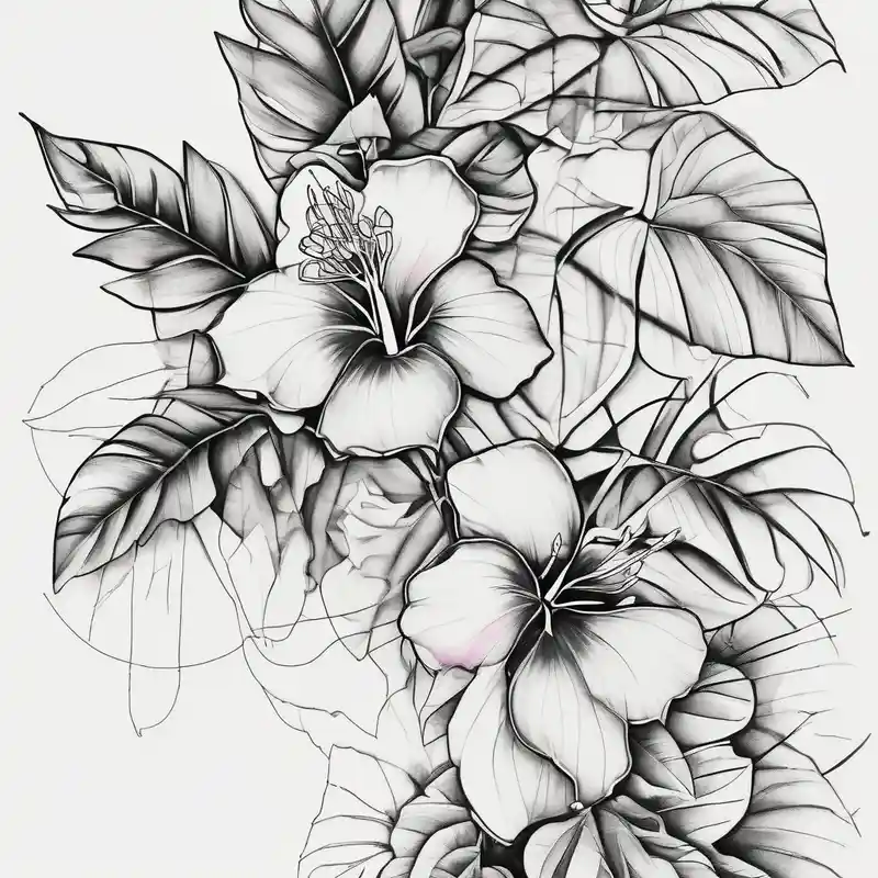 bamboo branch, monsteria leaf, bouganvillea – Japonais, Noir et blanc