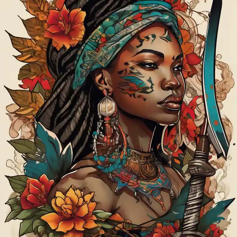 African woman warrior holding spear with deadlocks and earrings. With leafs and brids and Elephant in the background – Japonais, Couleurs vives