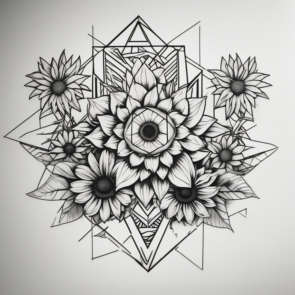 7 leaf pot leaf, daisies, and sunflowers bouquet maple-leaf, AI-generated Geometric tattoo design