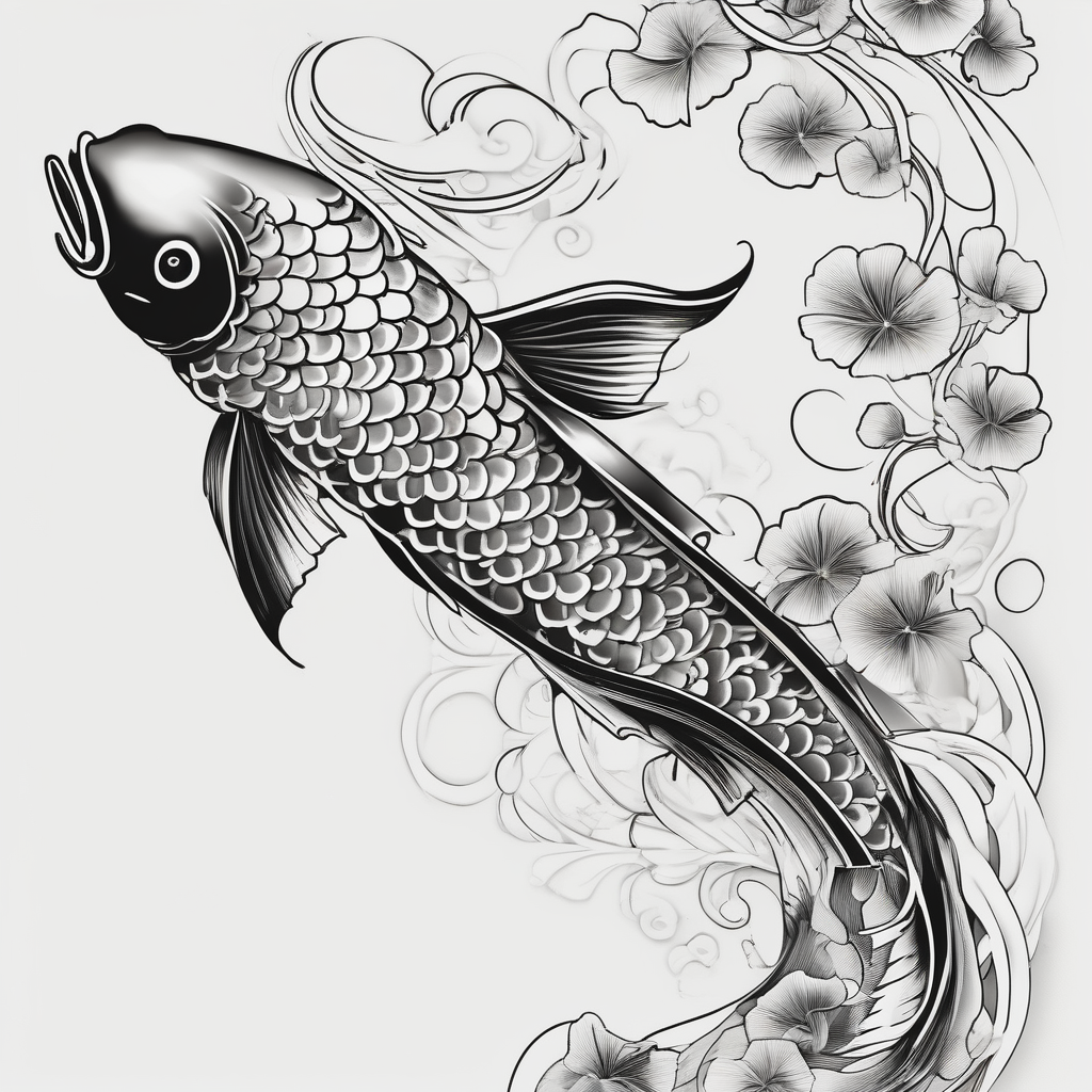 elegant Koi fish wit log tail and pearls, ginkgo leaf, white background maple-leaf, AI-generated Japanese tattoo design