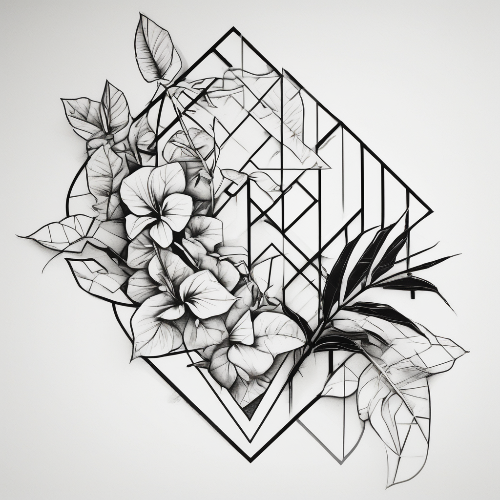 bamboo branch, monsteria leaf, bouganvillea maple-leaf, AI-generated Geometric tattoo design