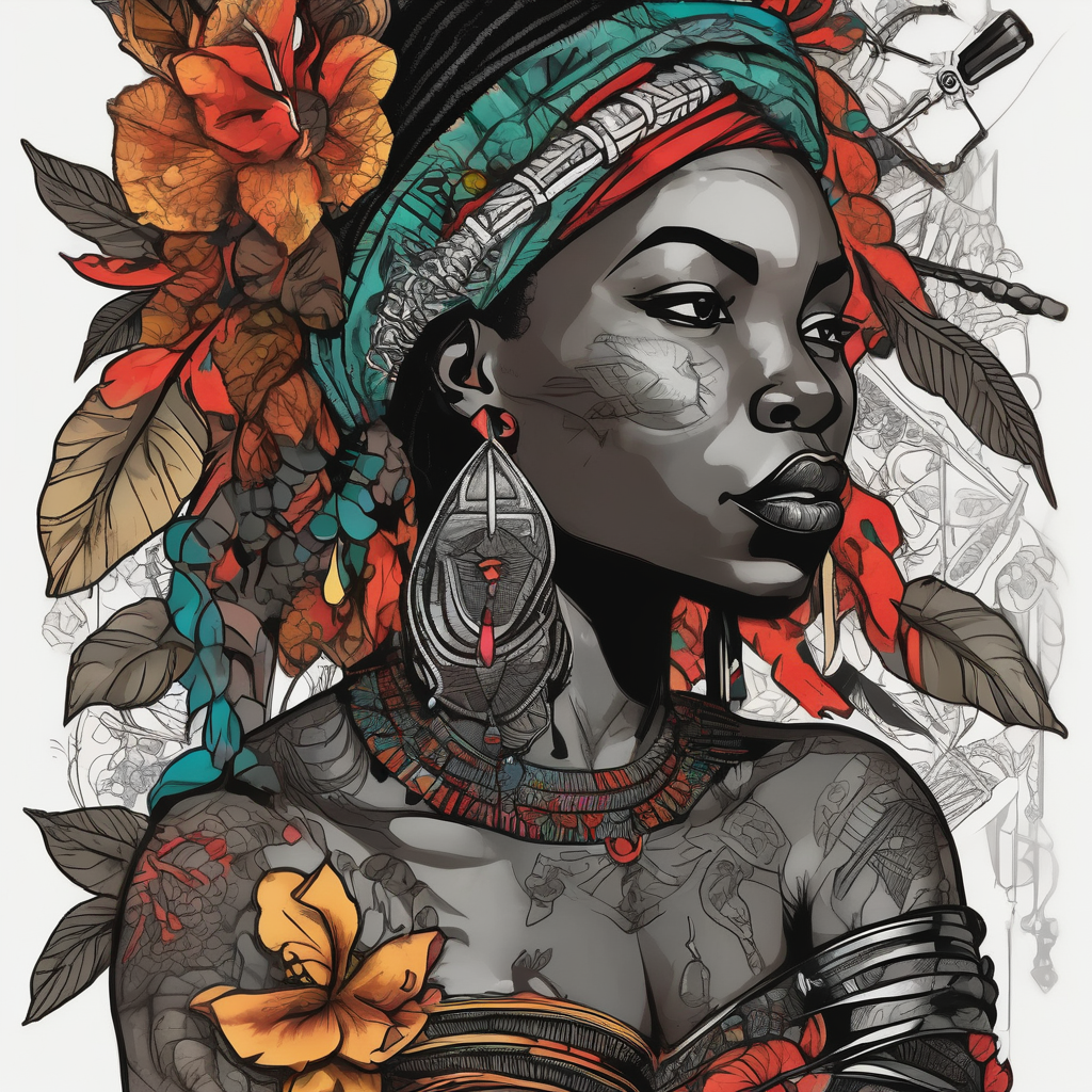 African woman warrior holding spear with deadlocks and earrings. With leafs and brids and Elephant in the background maple-leaf, design de tatouage Blackwork généré par IA