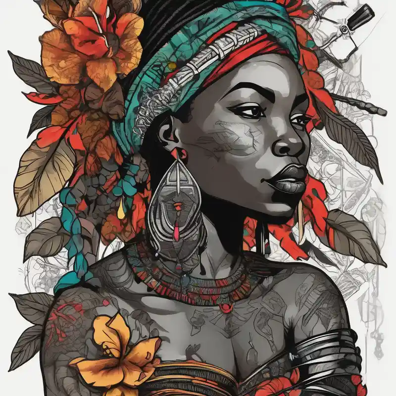 African woman warrior holding spear with deadlocks and earrings. With leafs and brids and Elephant in the background