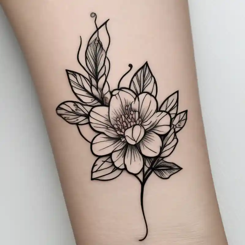 unique small feminine minimalist tattoo of a stick with leafs and flower on wrist