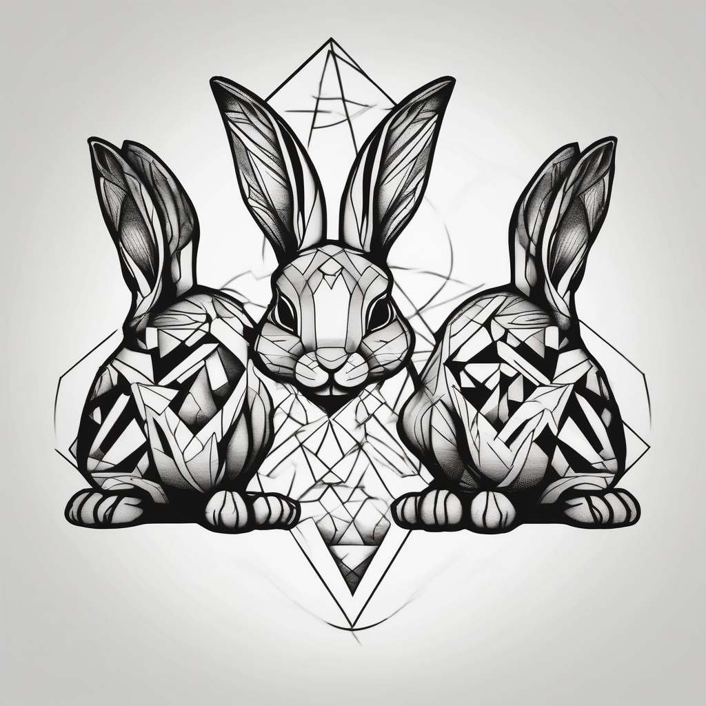 two bunnies, one smaller, one larger, with their backs, holding a maple leaf maple-leaf, design de tatouage Géométrique généré par IA