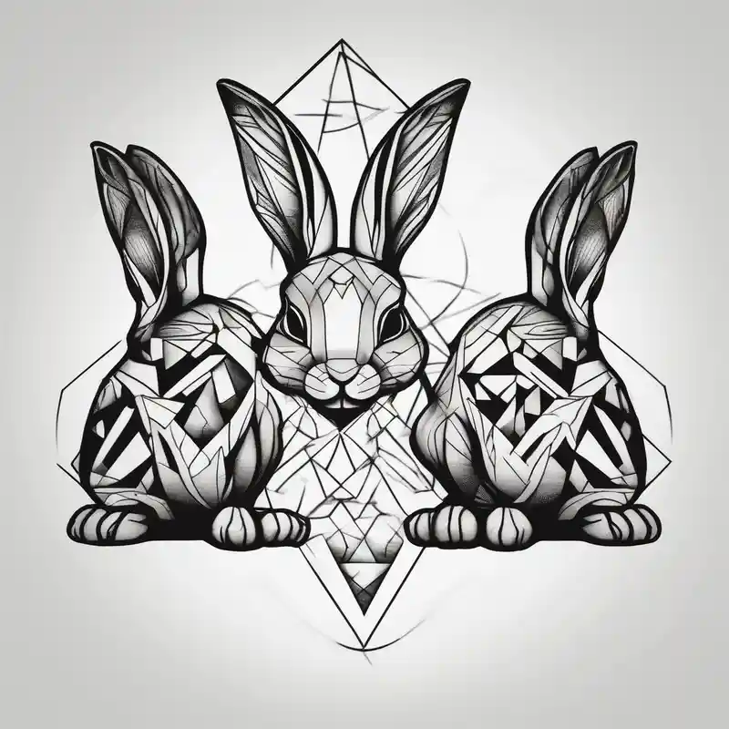 two bunnies, one smaller, one larger, with their backs, holding a maple leaf – Géométrique, Noir et blanc