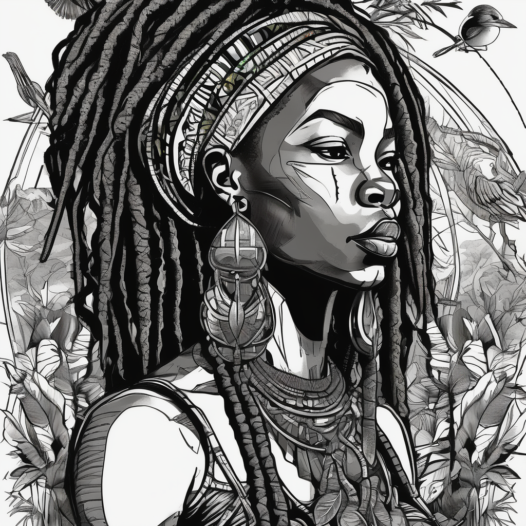 African woman warrior holding spear with deadlocks and earrings. With leafs, trees, birds and Elephants in the background maple-leaf, design de tatouage Blackwork généré par IA