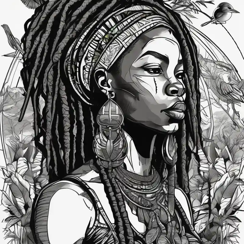 African woman warrior holding spear with deadlocks and earrings. With leafs, trees, birds and Elephants in the background – Blackwork, Couleurs vives