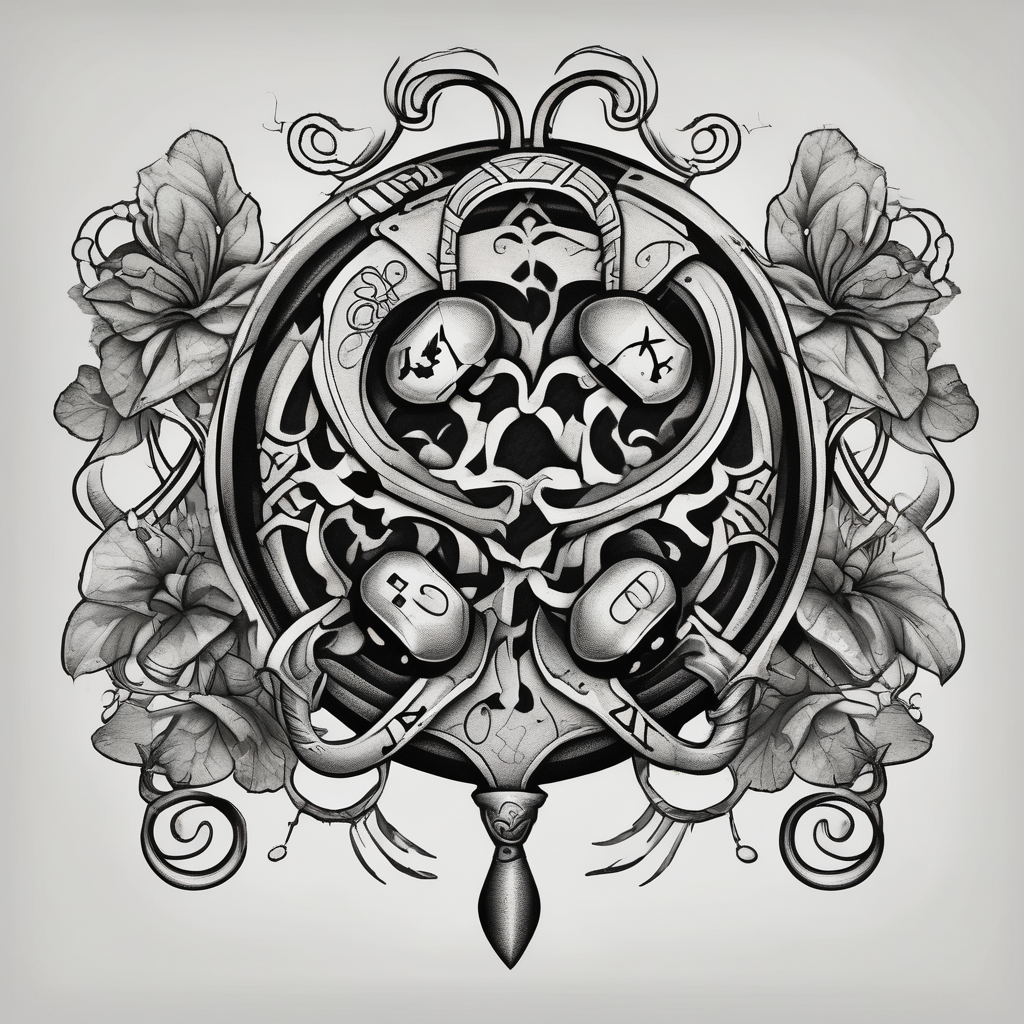 4 leaf clover with horseshoe and dice maple-leaf, AI-generated Blackwork tattoo design