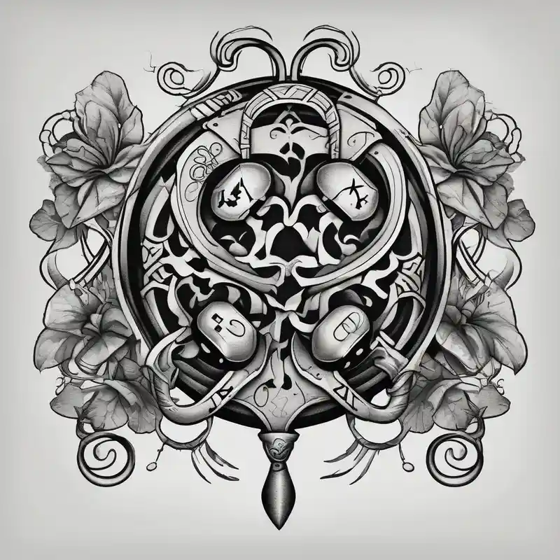 4 leaf clover with horseshoe and dice – Blackwork, Noir et blanc