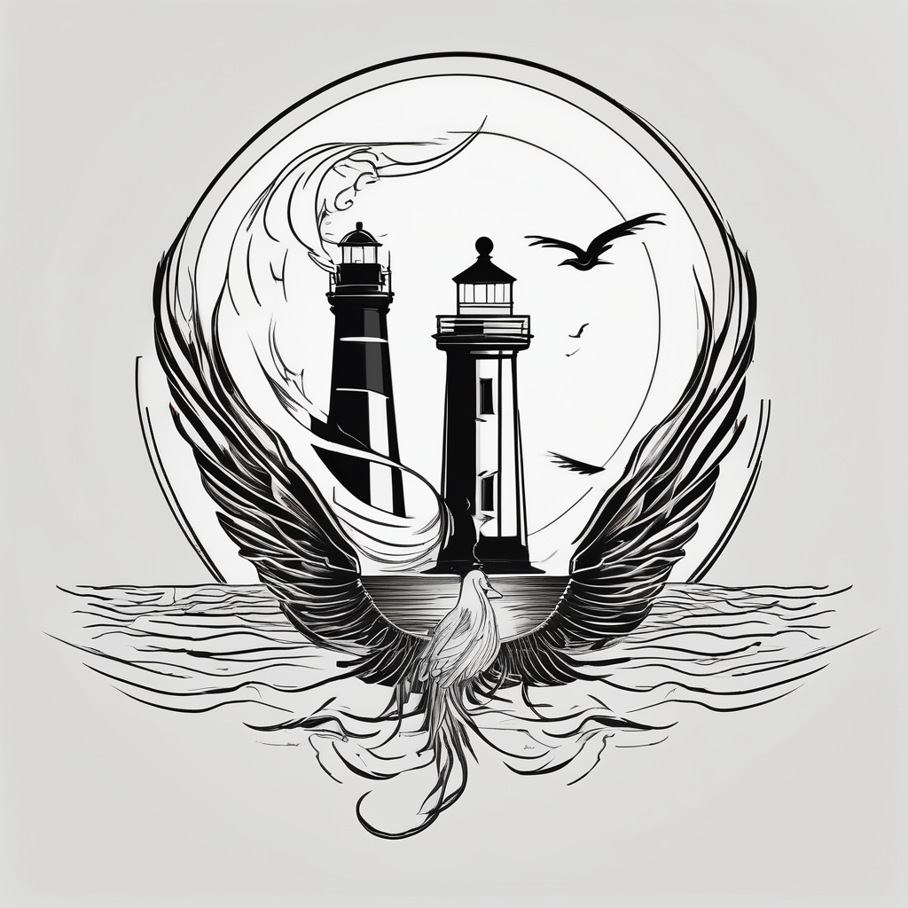 phoenix survolant un voilier. lune. phare marin marine-corps, AI-generated Minimalist tattoo design