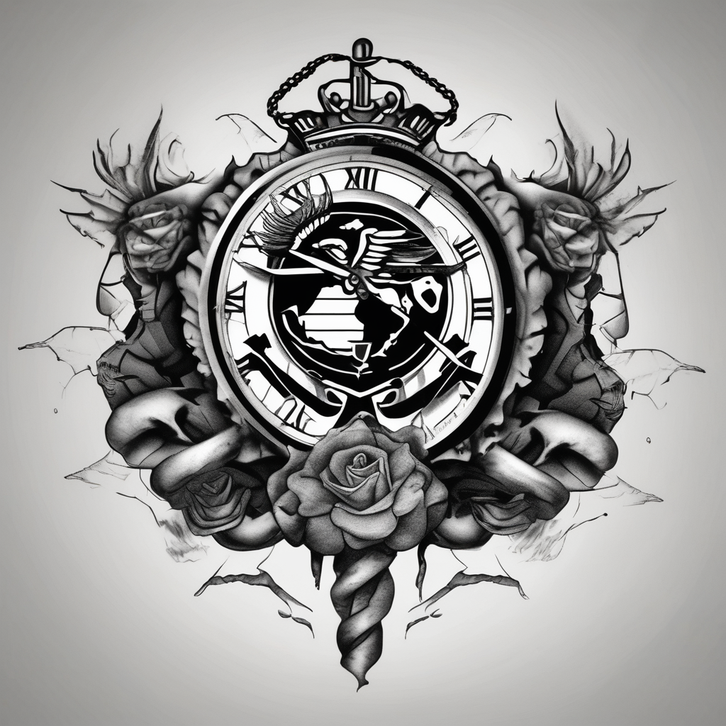 Marine Corps Elements: Surrounding the clock face, you could incorporate elements related to the Marine Corps. These could include marine-corps, design de tatouage Noir et blanc généré par IA