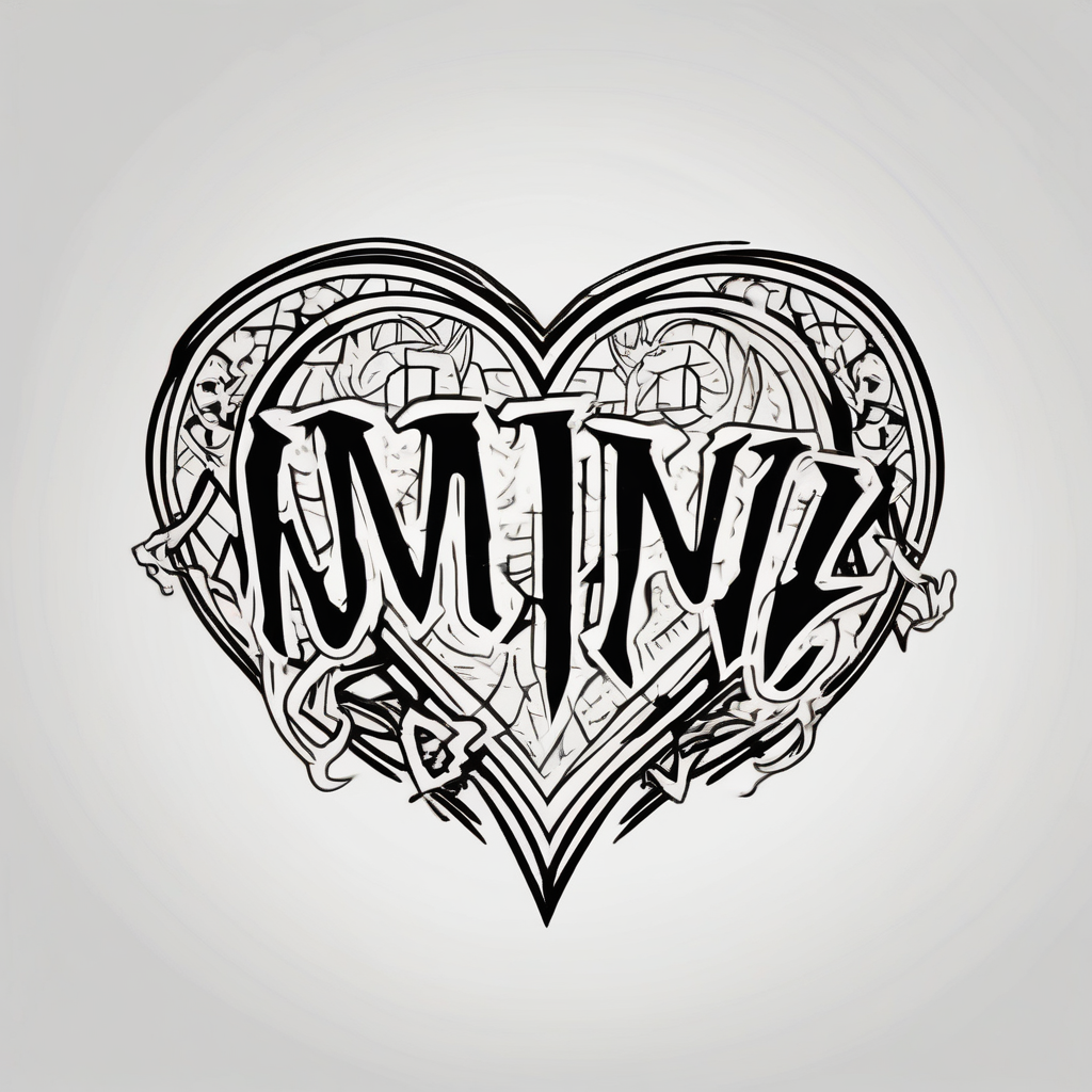 Marine written in fire letter around a geometric heart marine-corps, design de tatouage Cartoon généré par IA