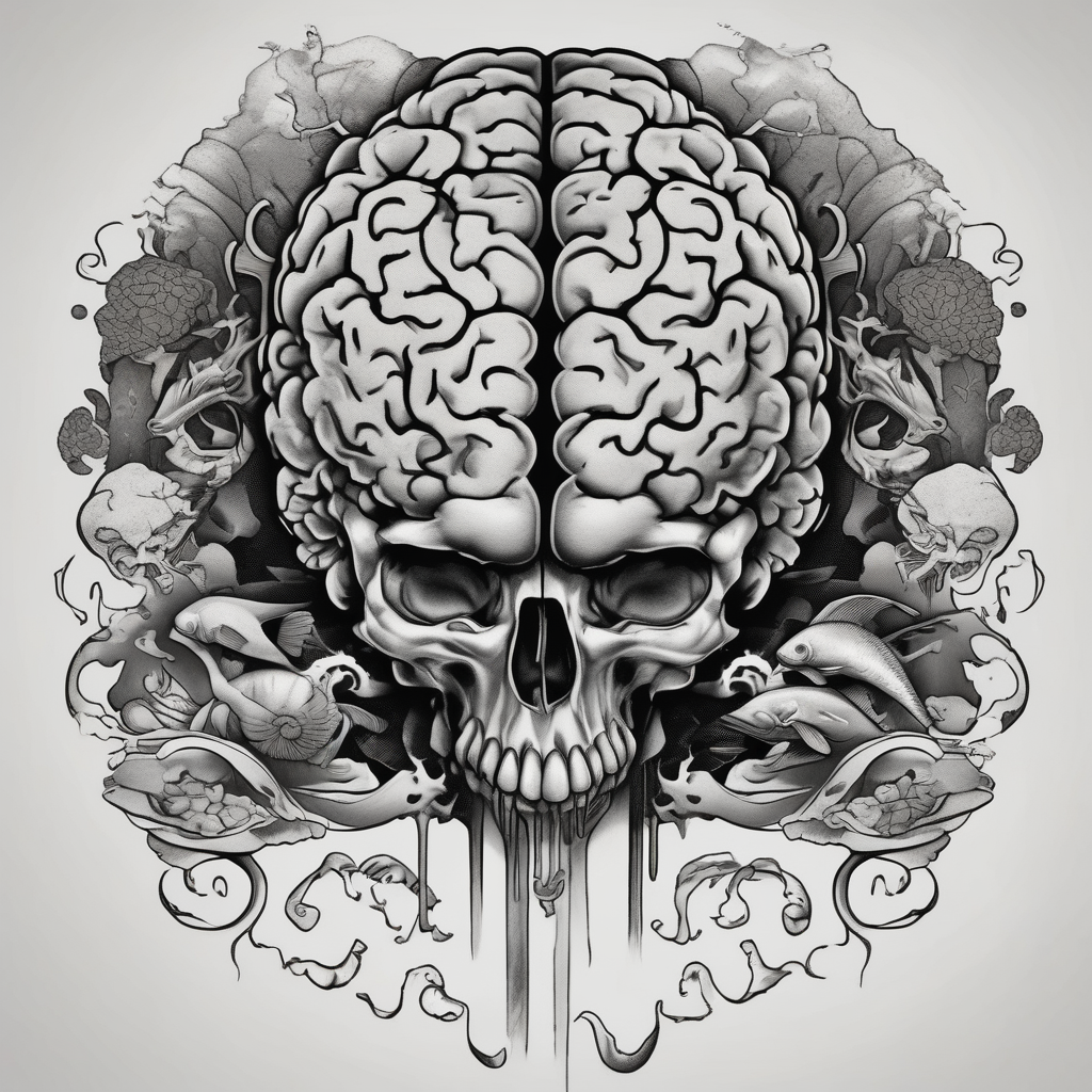 brain sliced in 2 parts filled with marine animals marine-corps, design de tatouage Japonais généré par IA