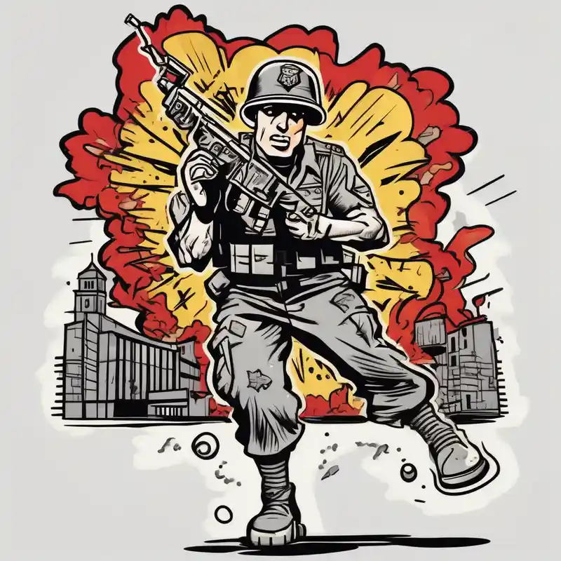 United States Marine throwing a grenade in World War II with a building exploding behind him