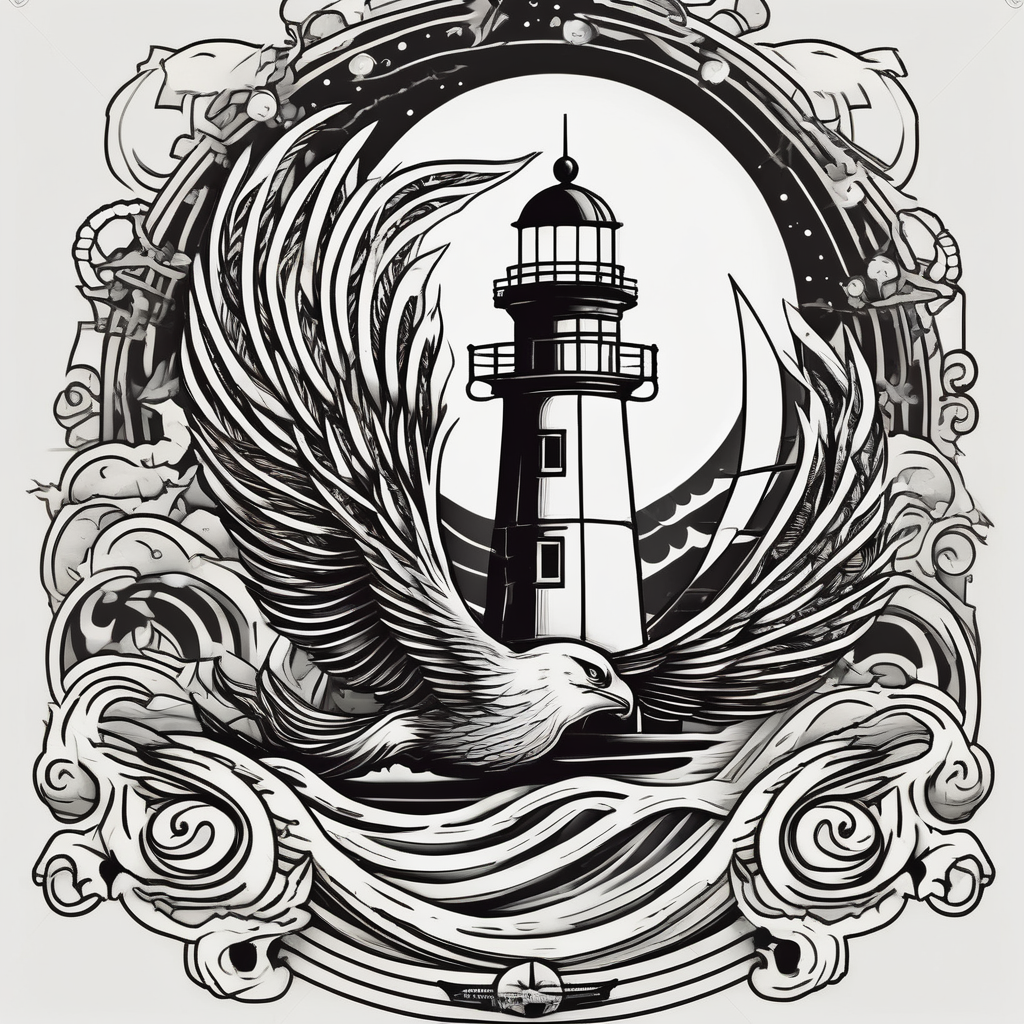 phoenix survolant un voilier. lune. phare marin marine-corps, AI-generated Old School tattoo design