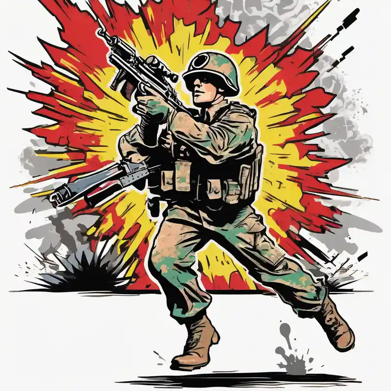 United States Marine throwing a grenade in World War II with a building exploding behind him – Acuarela, Colores vivos