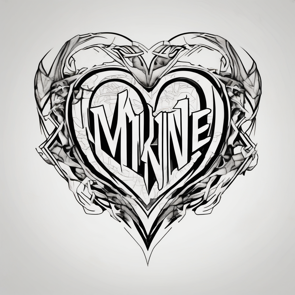 Marine written in fire letter around a geometric heart marine-corps, design de tatouage Croquis généré par IA