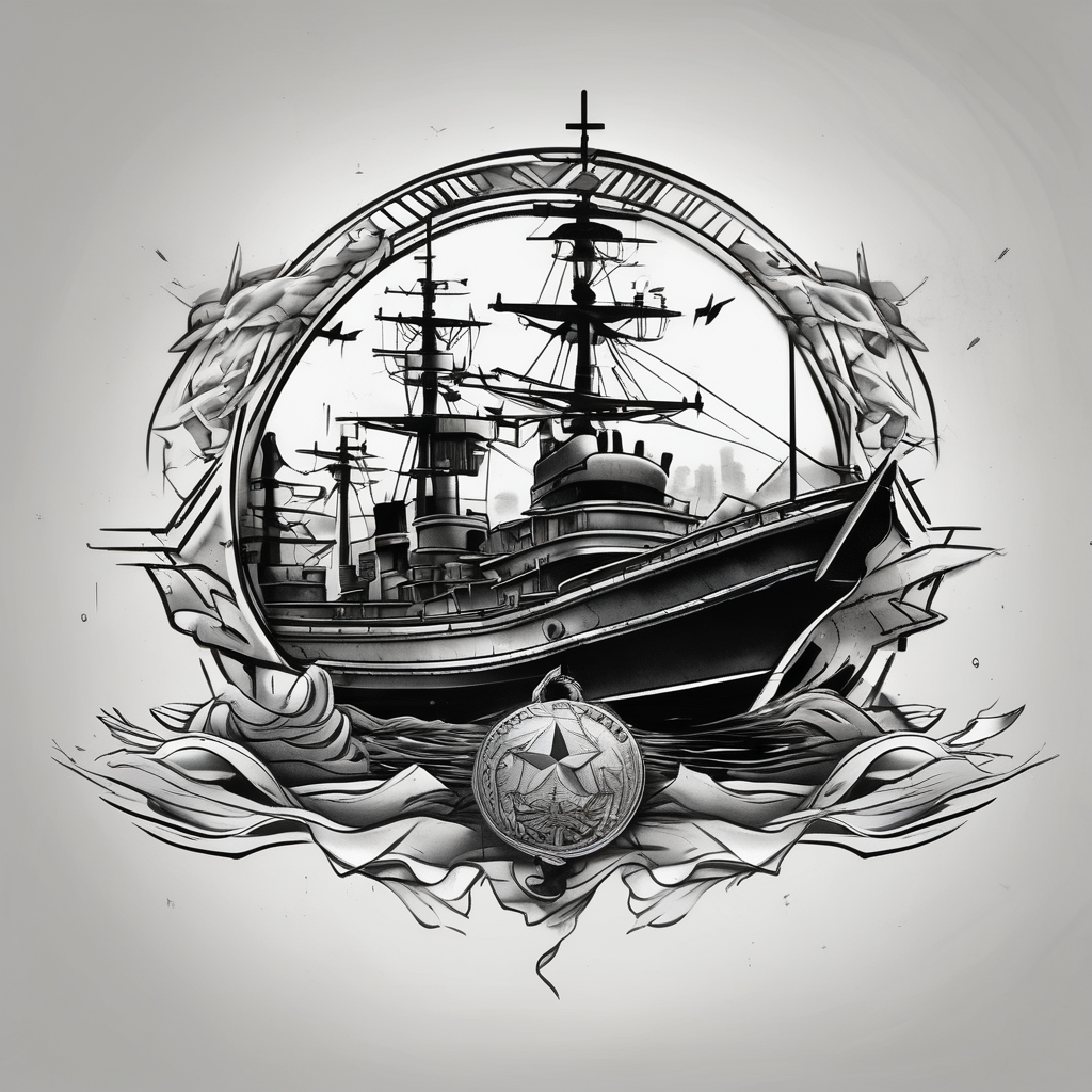 Star, 2 world war boat, marine marine-corps, diseño de tatuaje Blanco y negro generado con IA