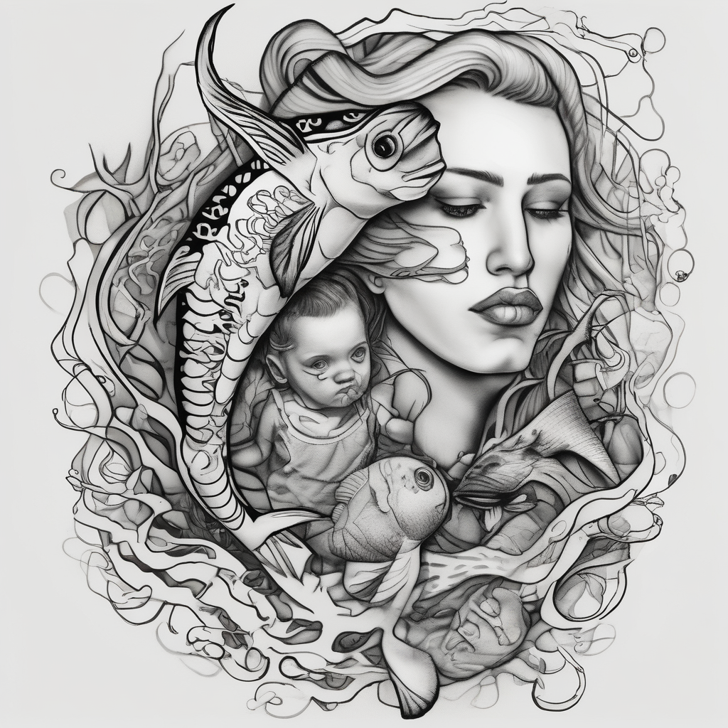 Father daughter matching 2 separate tattoos . Water related. Marine life marine-corps, design de tatouage Croquis généré par IA
