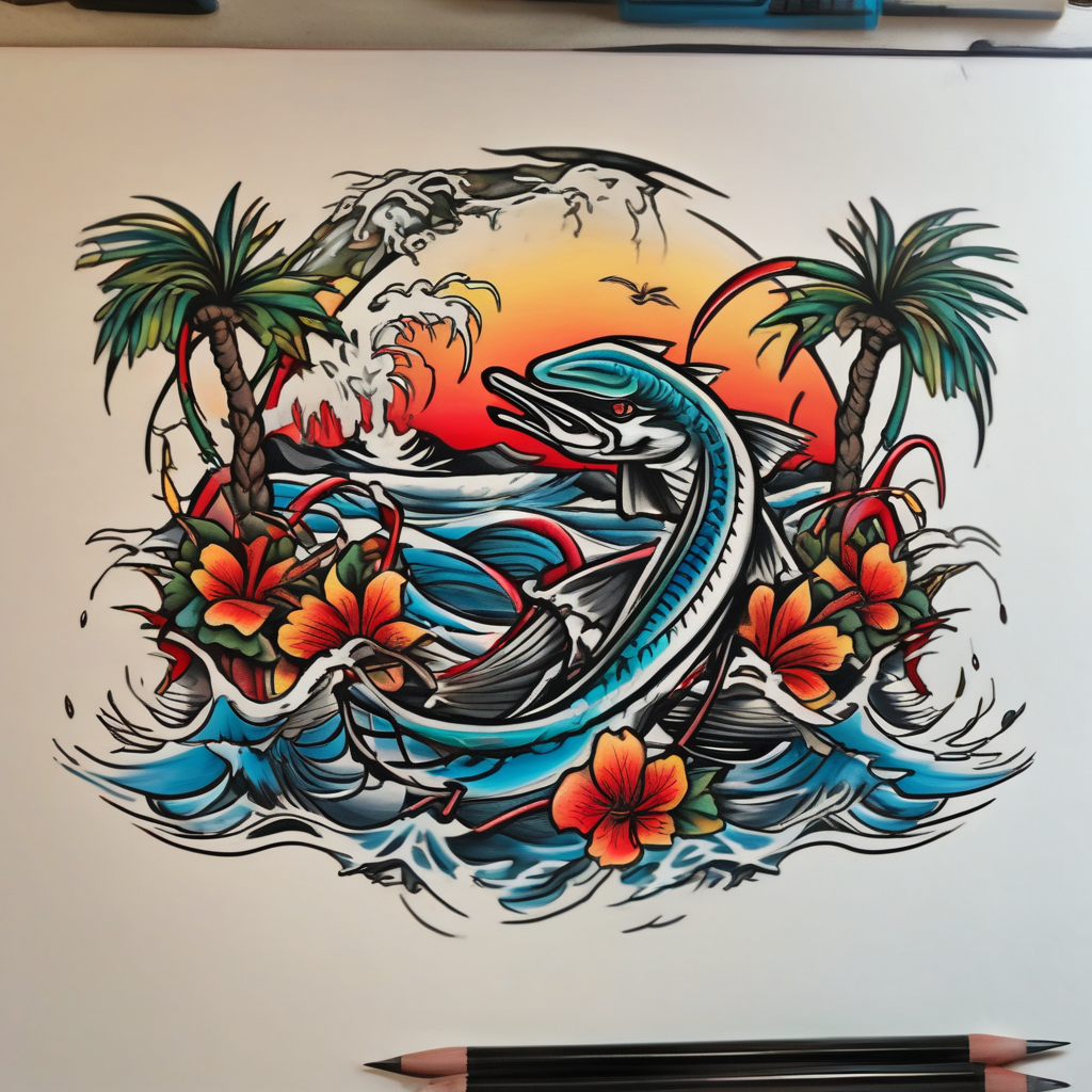 Beer Friend Memorial Fishing Marines California Palm Trees Beach marine-corps, design de tatouage Japonais généré par IA