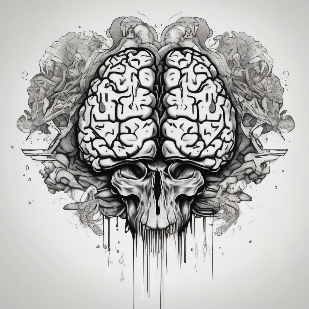 brain sliced in 2 parts filled with marine animals marine-corps, design de tatouage Croquis généré par IA