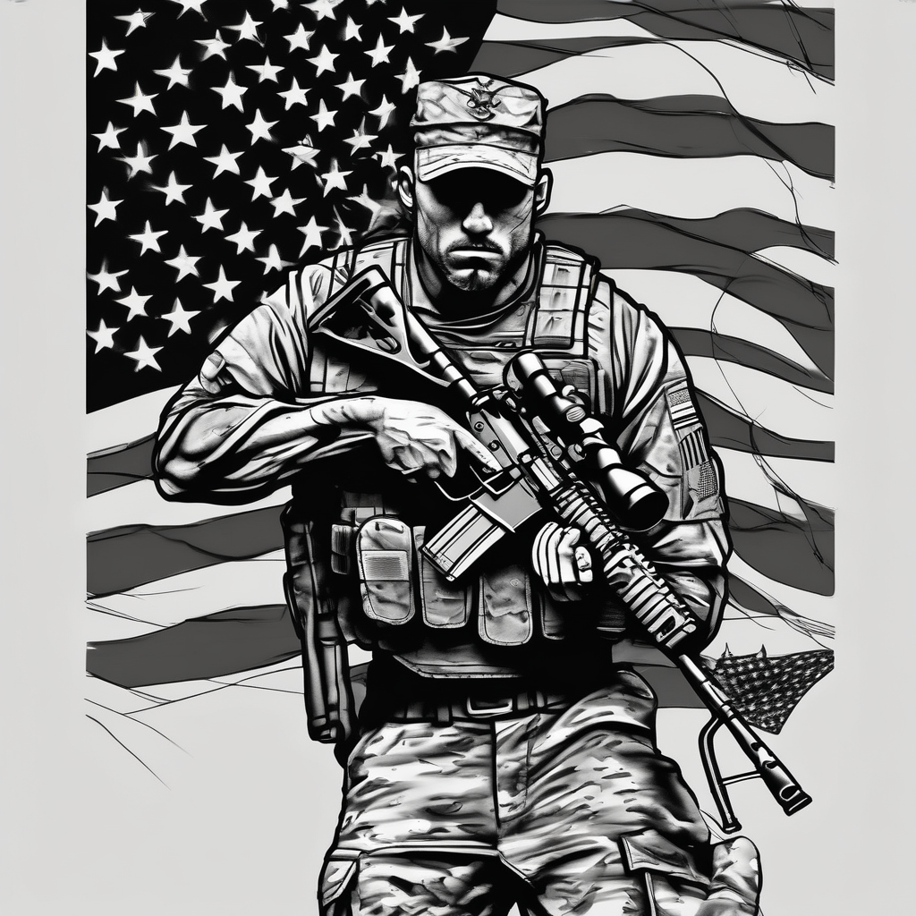 Marine Corps special forces sniper walking with his rifle, with a waving American flag behind it marine-corps, design de tatouage Noir et blanc généré par IA