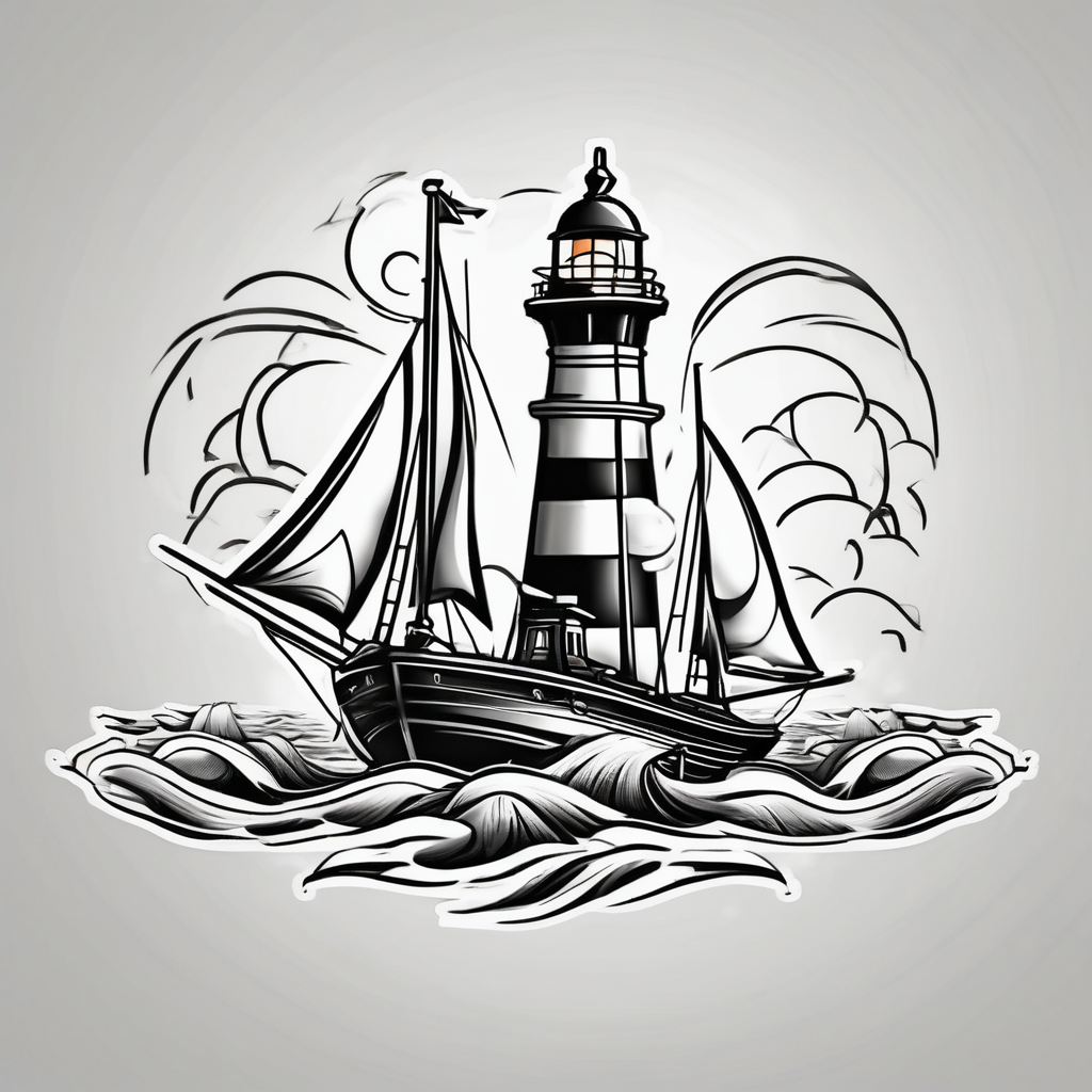 voilier avec phare marin imbriqué dans une voile. marine-corps, design de tatouage Cartoon généré par IA