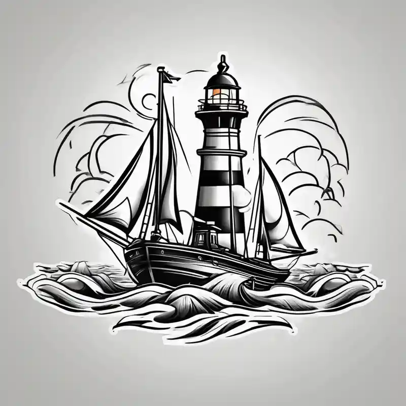 voilier avec phare marin imbriqué dans une voile. – Cartoon, Noir et blanc