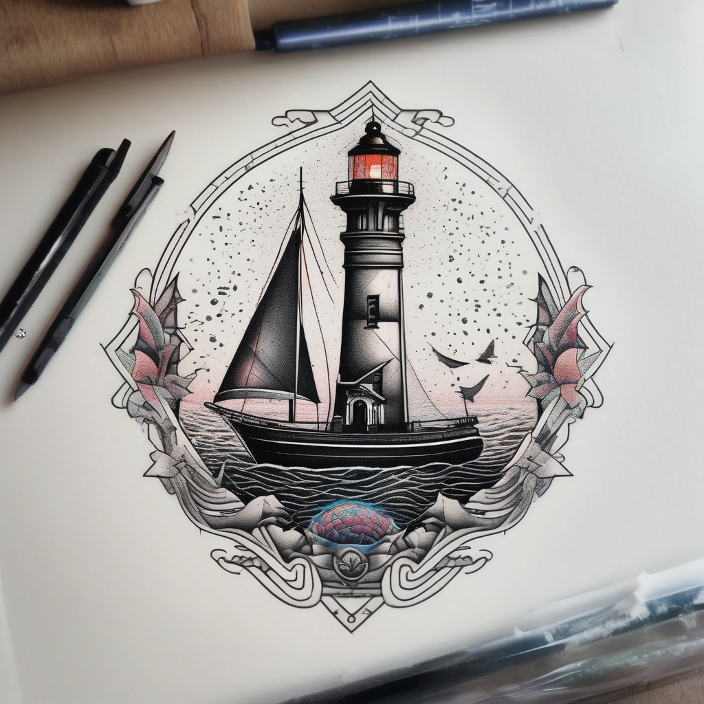 voilier avec phare marin imbriqué dans une voile. marine-corps, design de tatouage Dotwork généré par IA