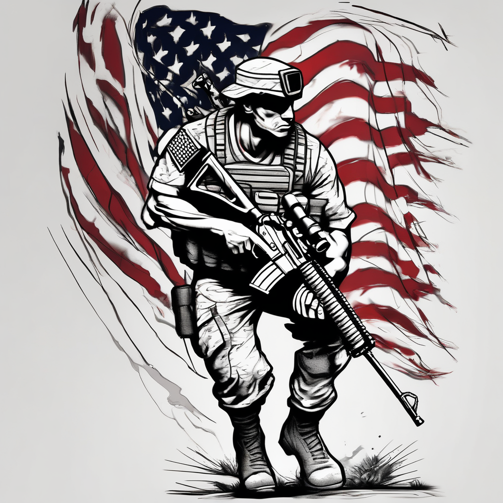 Marine Corps special forces sniper walking with his rifle, with a waving American flag behind it marine-corps, design de tatouage Croquis généré par IA