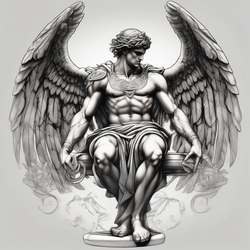 God hermes kneeling with wings wrapped around him matching--ideas, diseño de tatuaje Realista generado con IA