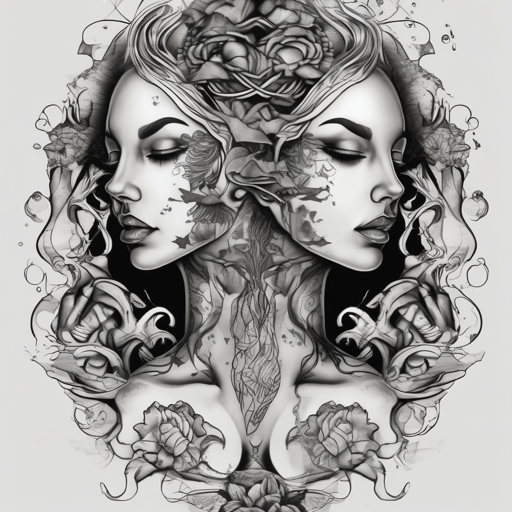 Male and female matching 2 separate tattoos . Water related. matching--ideas, diseño de tatuaje Blanco y negro generado con IA