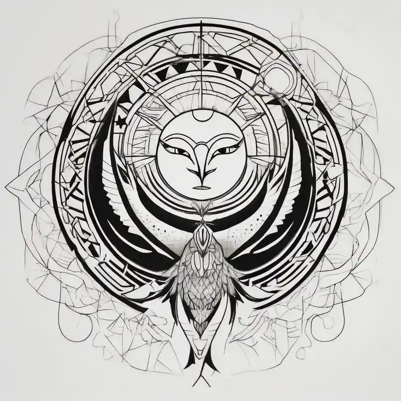 Large sun and moon tattoo that is tall Spiritual meaning behind it flowing into a falcon – Geométrico, Colores vivos