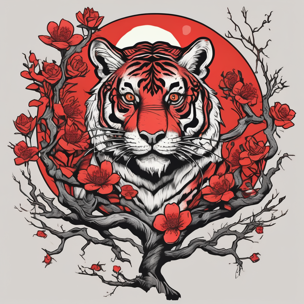 Tiger lies of branch of a tree that has little red flowers. There is raven on the tiger’s head. And the red crescent moon behind. mens-behind-the-ear(AIが生成したオールドスクールスタイルのタトゥーデザイン)