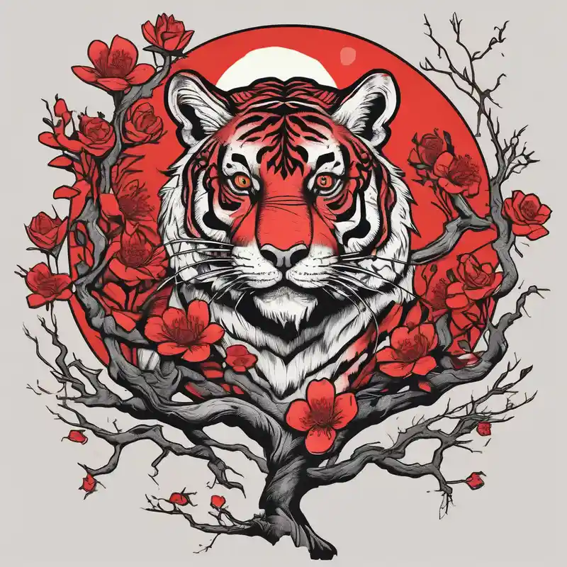 Tiger lies of branch of a tree that has little red flowers. There is raven on the tiger’s head. And the red crescent moon – オールドスクール, カラフル