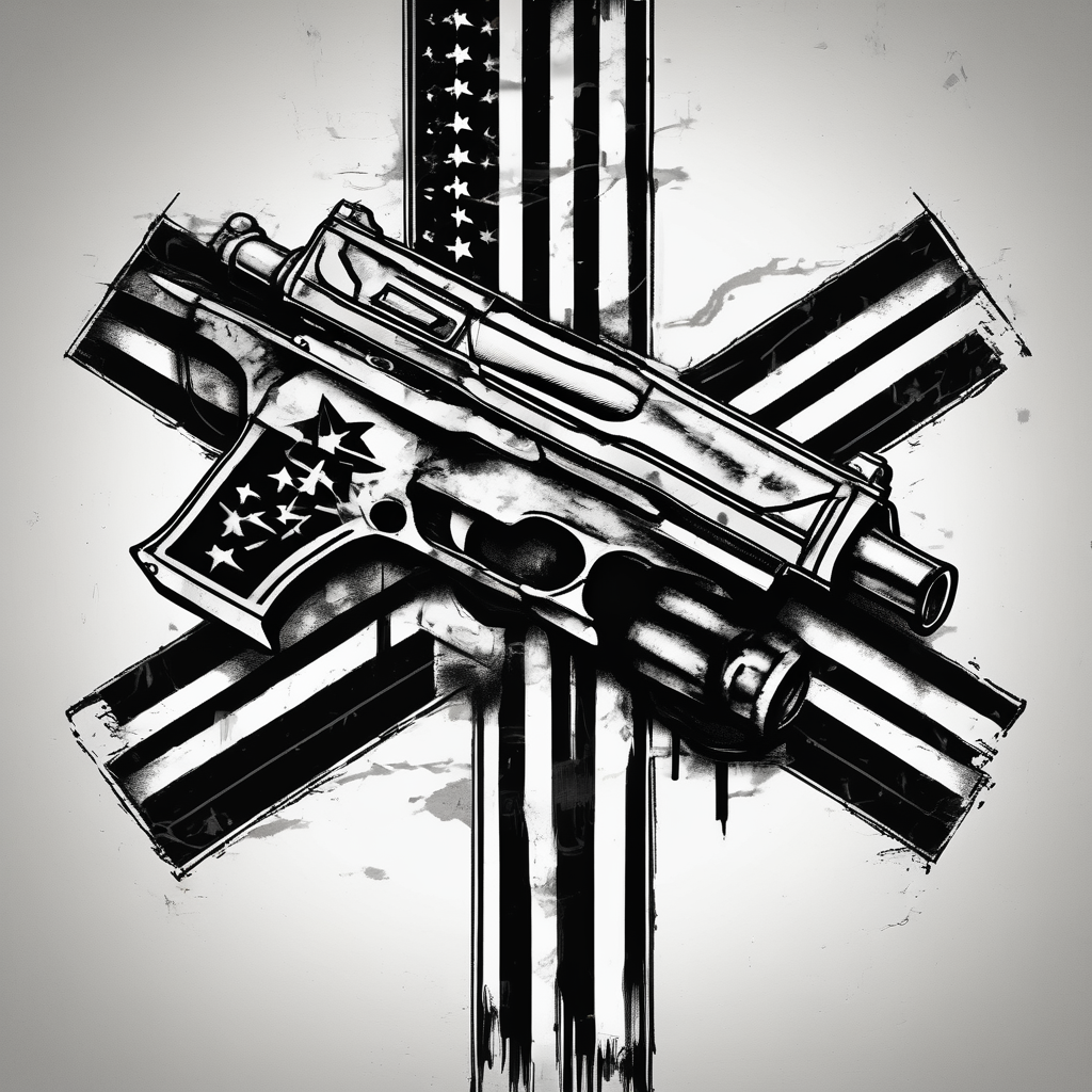 Distressed American flag behind cross with 2 guns leaned on it simple mens-behind-the-ear, AI-generated Sketch tattoo design