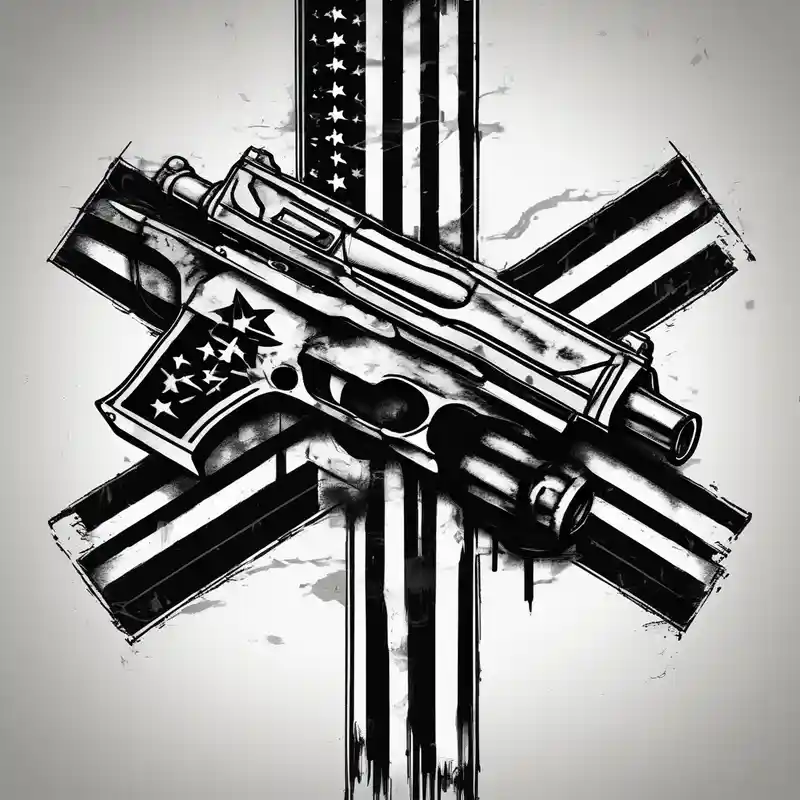 Distressed American flag behind cross with 2 guns leaned on it simple – Sketch, Black and white