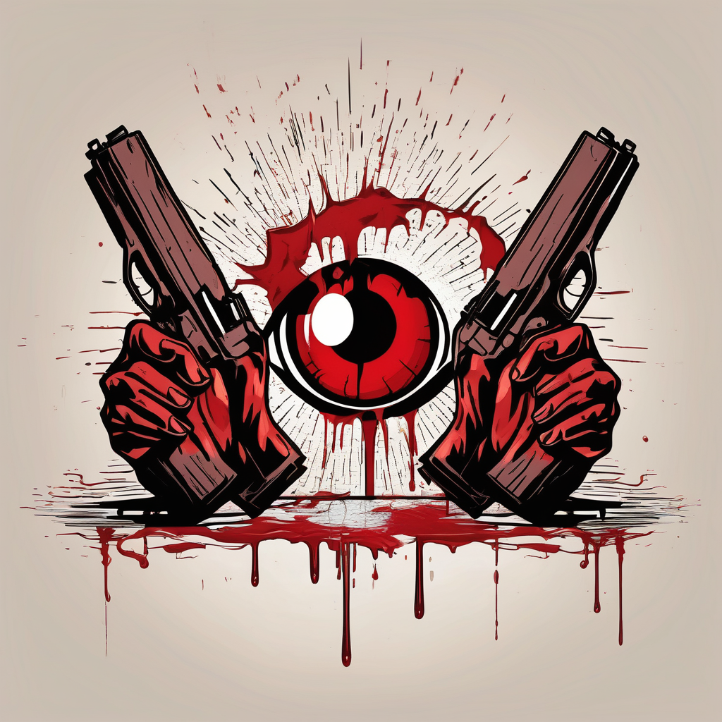 In the reflection of a eye crying blood two black siloets of people holding guns one man dead on the ground with a wounded woman standing behind him mens-behind-the-ear(AIが生成したカートゥーンスタイルのタトゥーデザイン)