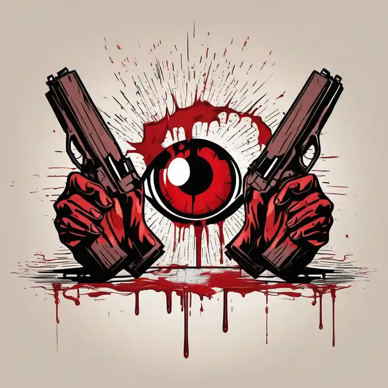In the reflection of a eye crying blood two black siloets of people holding guns one man dead on the ground with a wounded