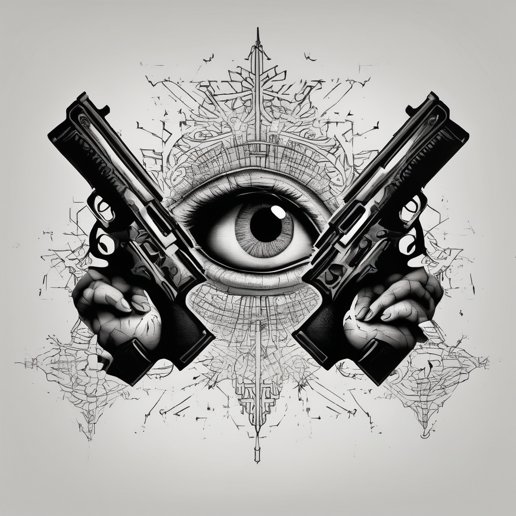 In the reflection of a eye two black siloets of people holding guns one man dead on the ground with a wounded woman standing behind him mens-behind-the-ear, AI-generated Dotwork tattoo design