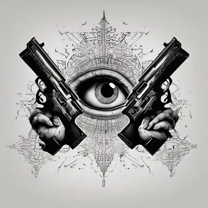 In the reflection of a eye two black siloets of people holding guns one man dead on the ground with a wounded woman standing – Dotwork, Vibrant color