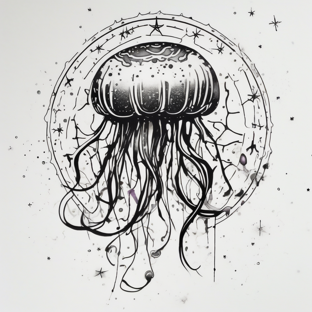 Small jellyfish with Scorpio Star constellation behind it mens-behind-the-ear, AI-generated Watercolor tattoo design