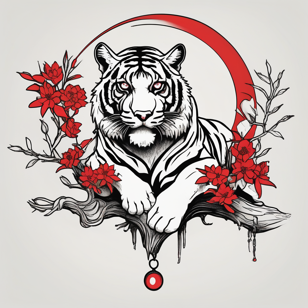 Tiger lies of branch of a tree that has little red flowers. There is raven on the tiger’s head. And the red crescent moon behind. mens-behind-the-ear(AIが生成したミニマルスタイルのタトゥーデザイン)