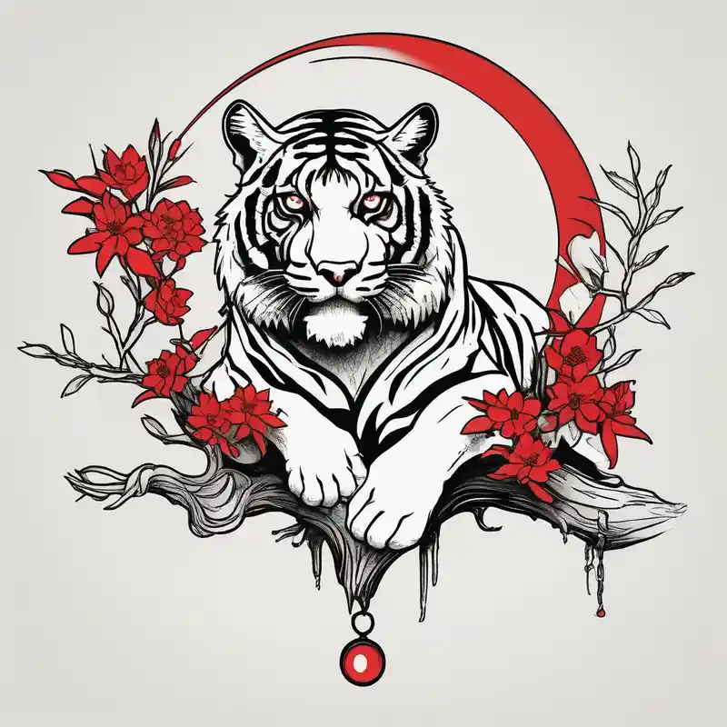Tiger lies of branch of a tree that has little red flowers. There is raven on the tiger’s head. And the red crescent moon