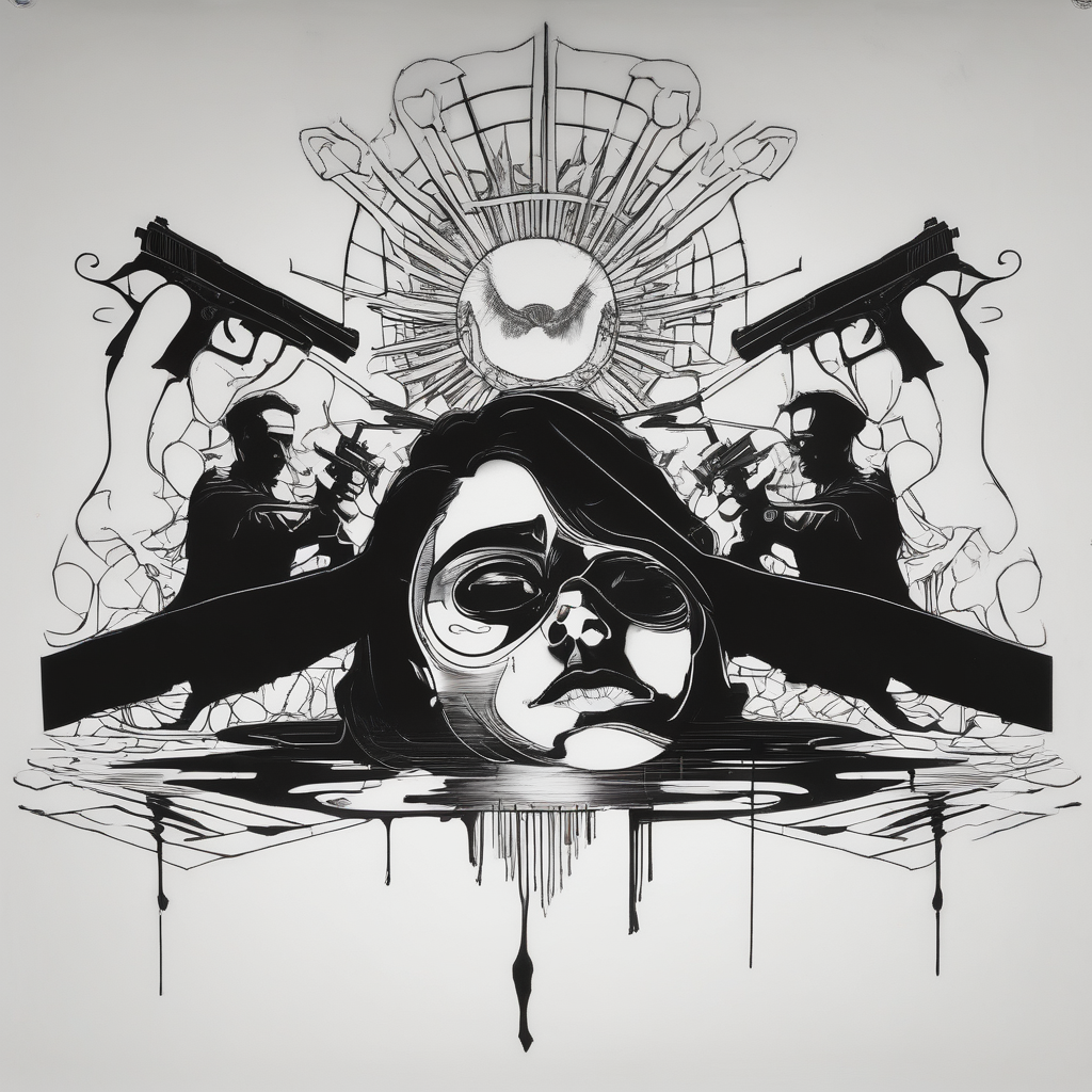 In the reflection of a eye two black siloets of people holding guns one man dead on the ground with a wounded woman standing behind him mens-behind-the-ear, AI-generated Old School tattoo design