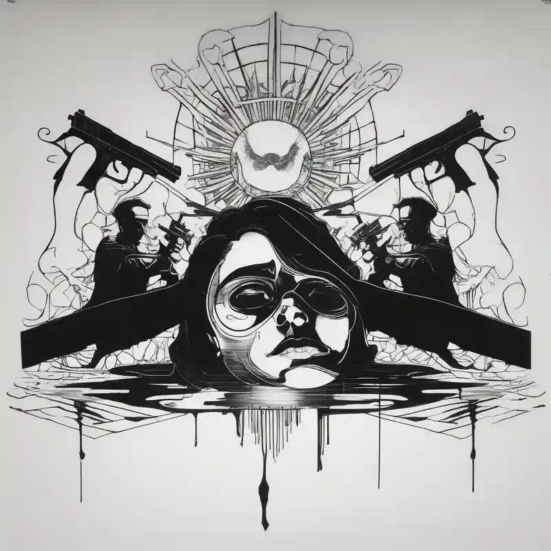 In the reflection of a eye two black siloets of people holding guns one man dead on the ground with a wounded woman standing