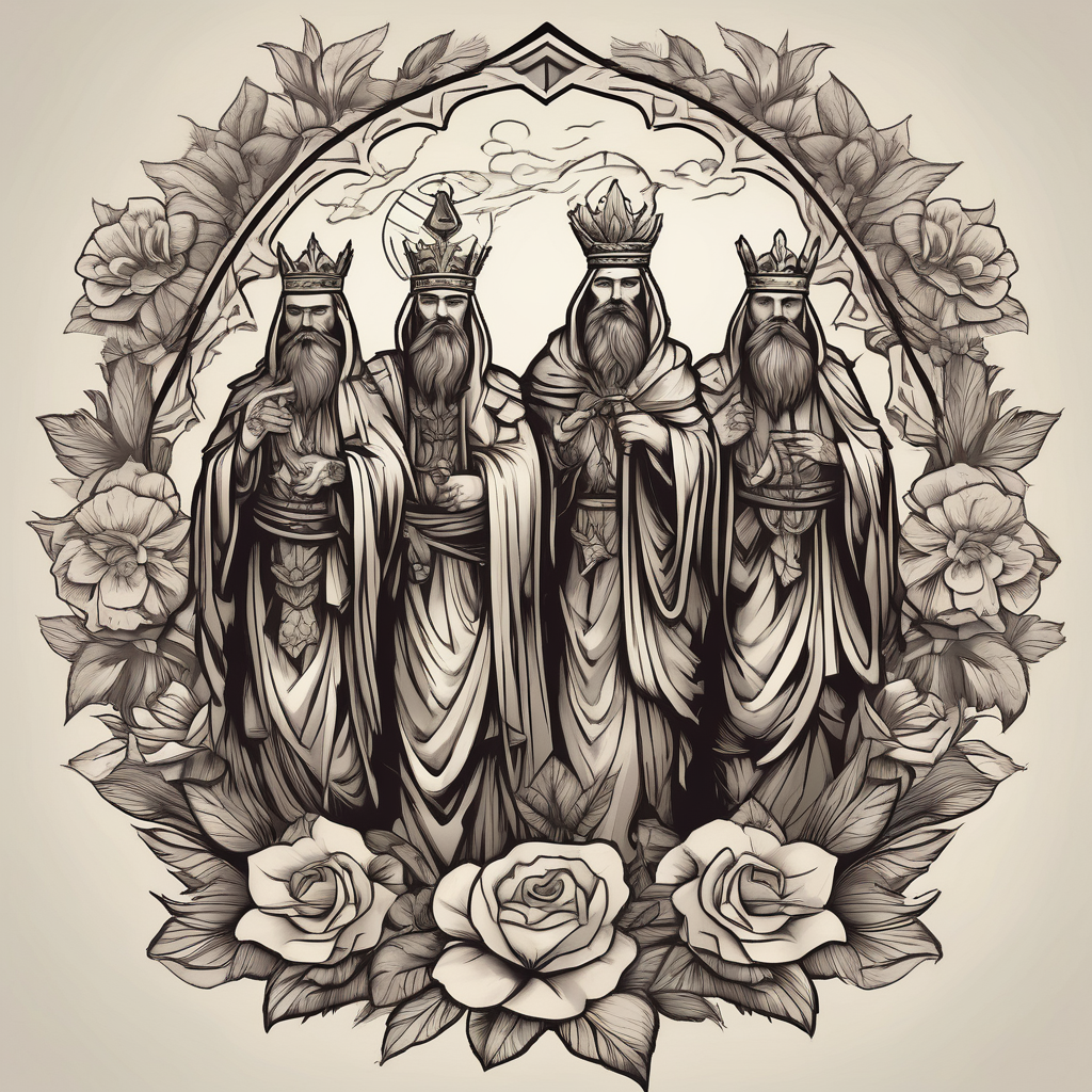 three wise men old school vintage simple traditional design with vintage flowers surrounding it bold color simple mens-behind-the-ear(AIが生成した白黒スタイルのタトゥーデザイン)